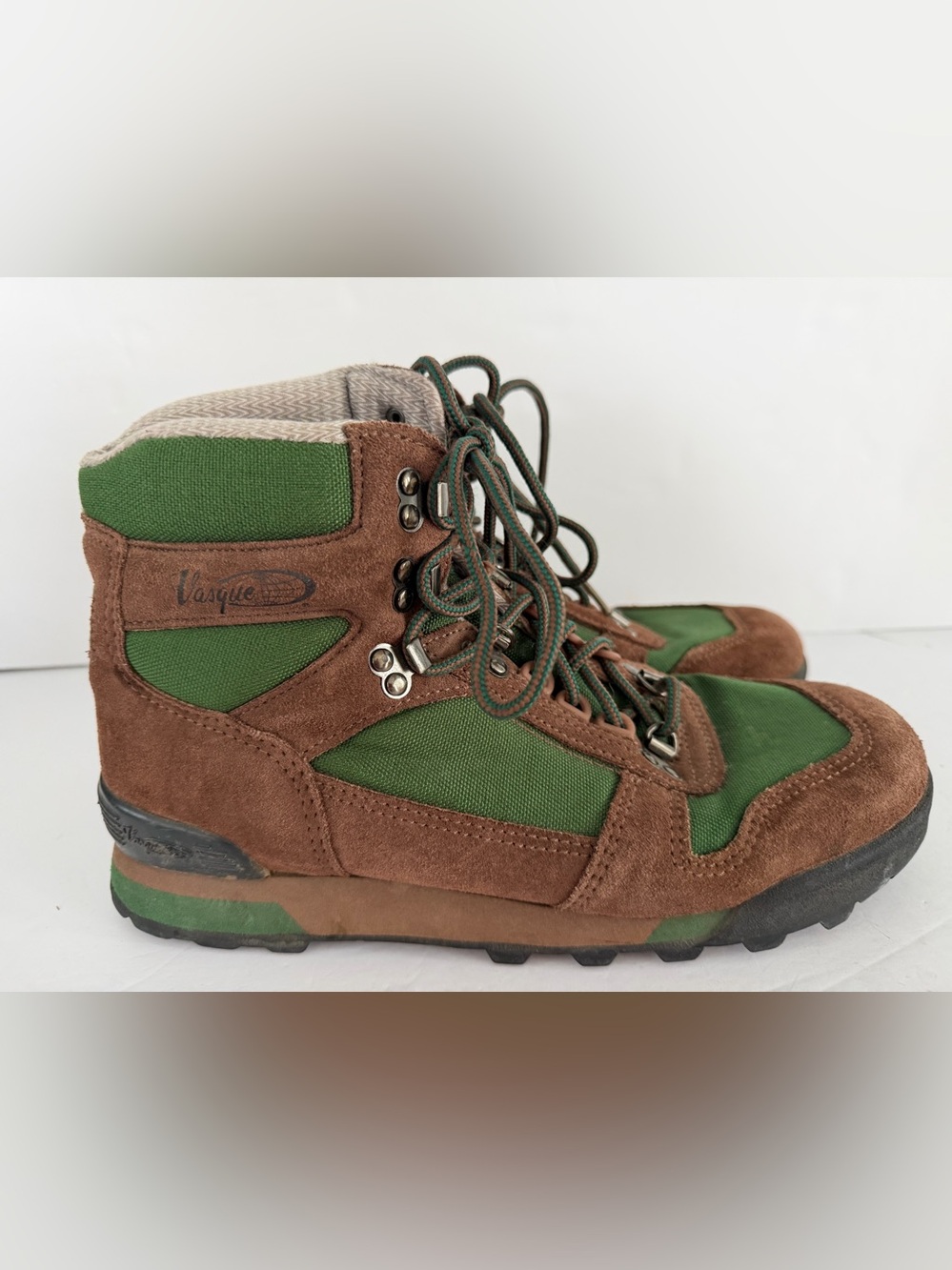Vasque Vintage Hiking Boots Mens 9.5 Brown Green Suede Canvas Trail Gorpcore 90s